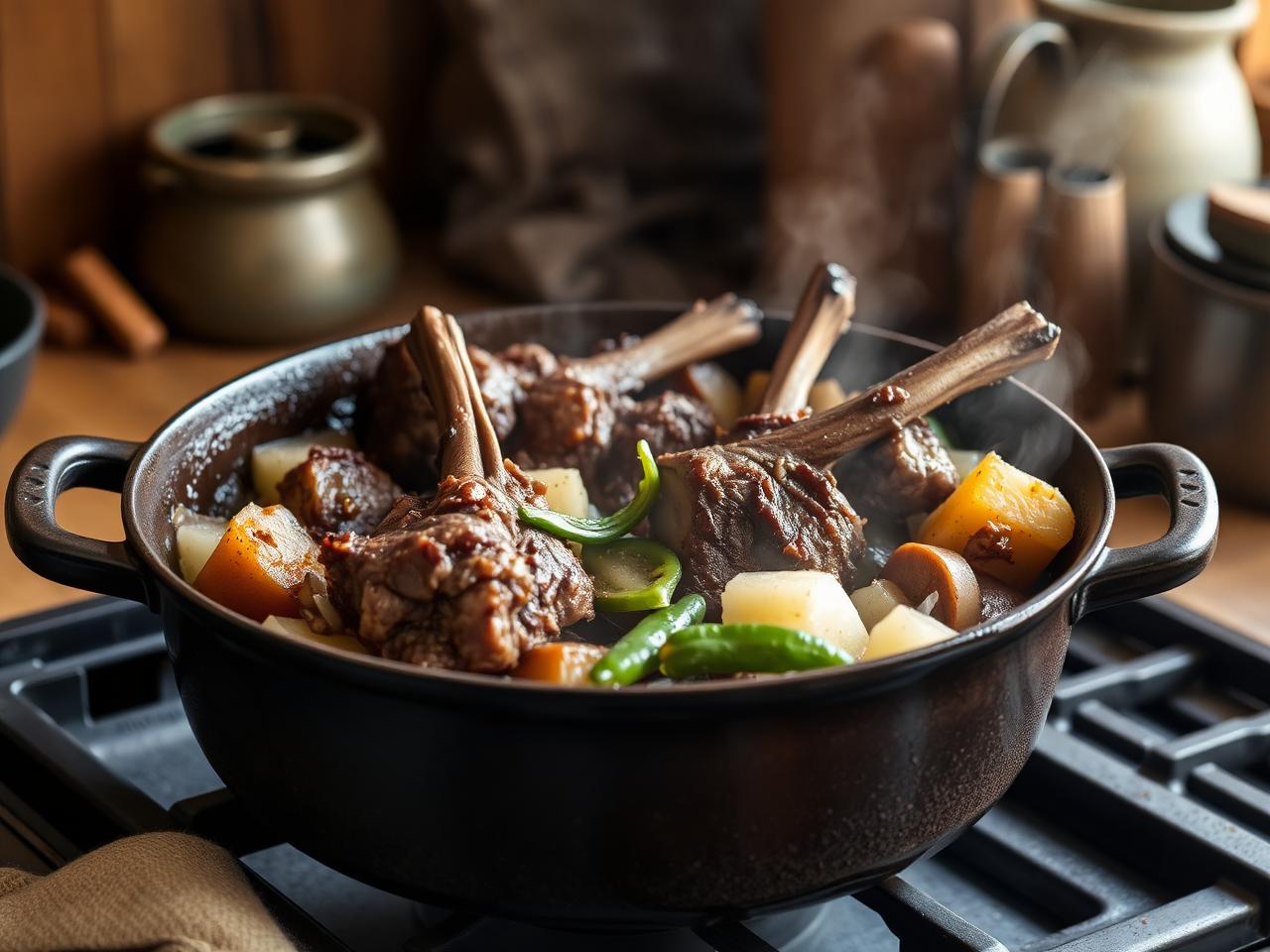 Lamb neck chops, potatoes and green pepper simmering in a cast iron pot
