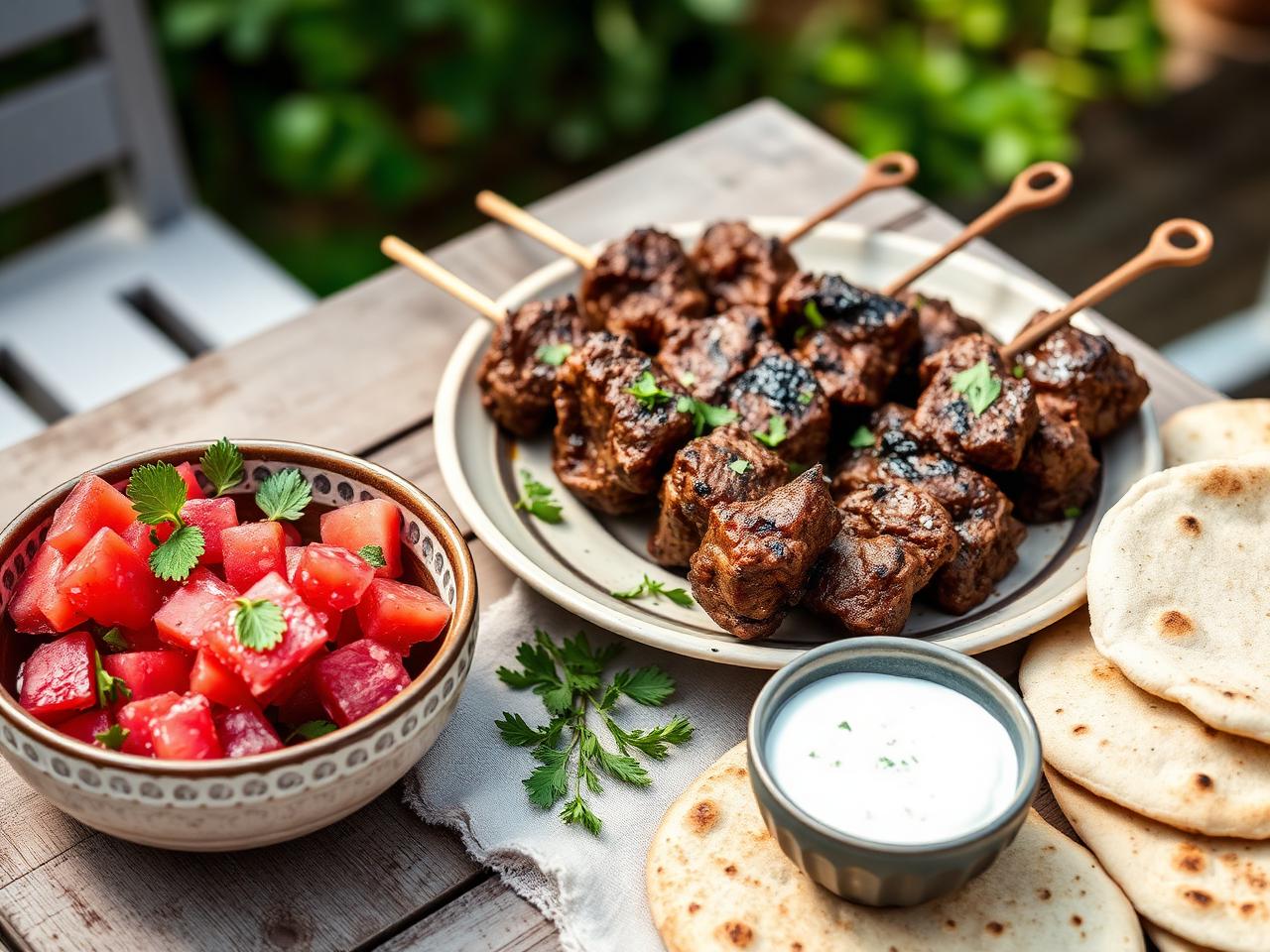 Turkish lamb kebabs with watermelon salsa and dill yoghurt sauce