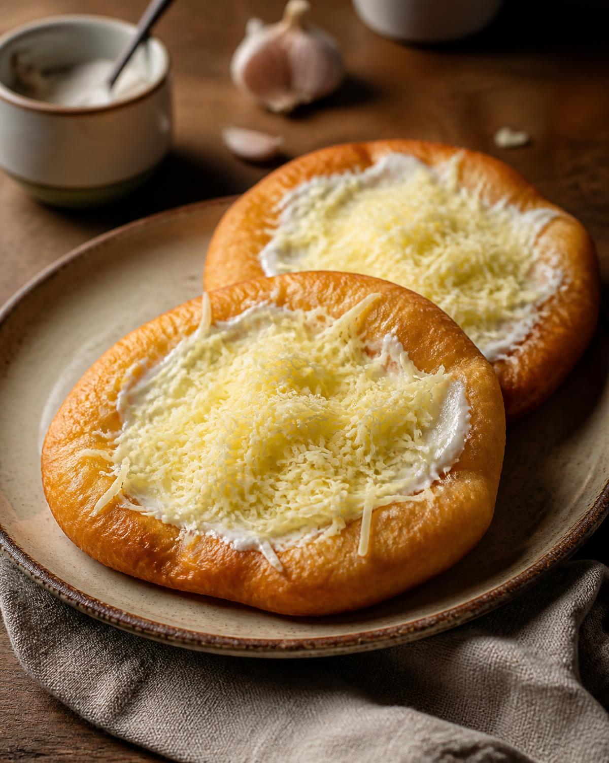 Two golden Hungarian lángos on a ceramic plate, topped with soured cream and grated cheese