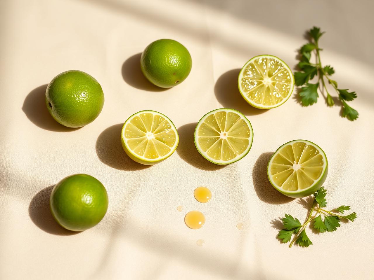 Fresh limes halved on cream linen with coriander sprigs