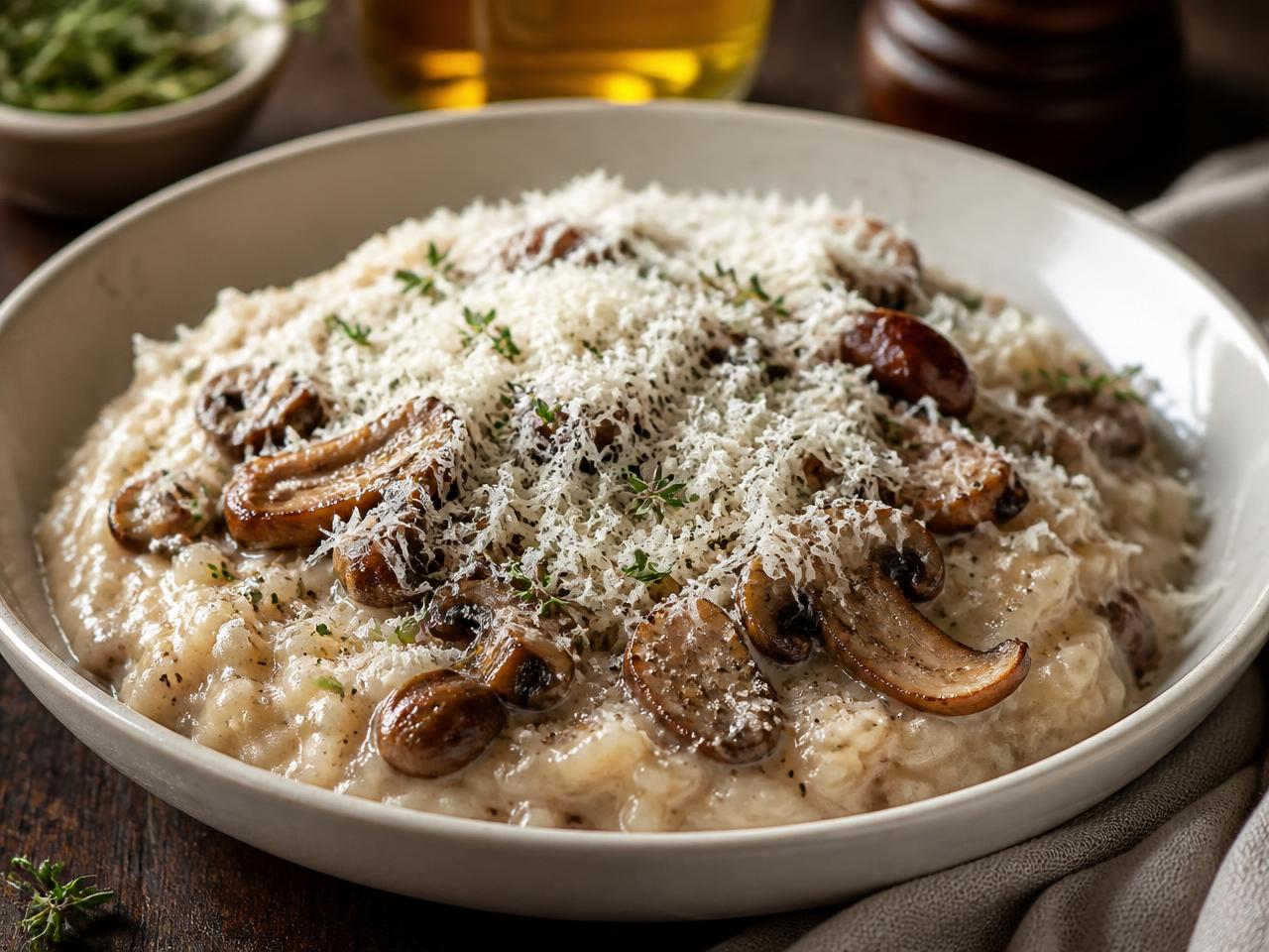 Creamy mushroom risotto in a shallow bowl, generously covered with freshly grated parmesan and sautéed mushrooms