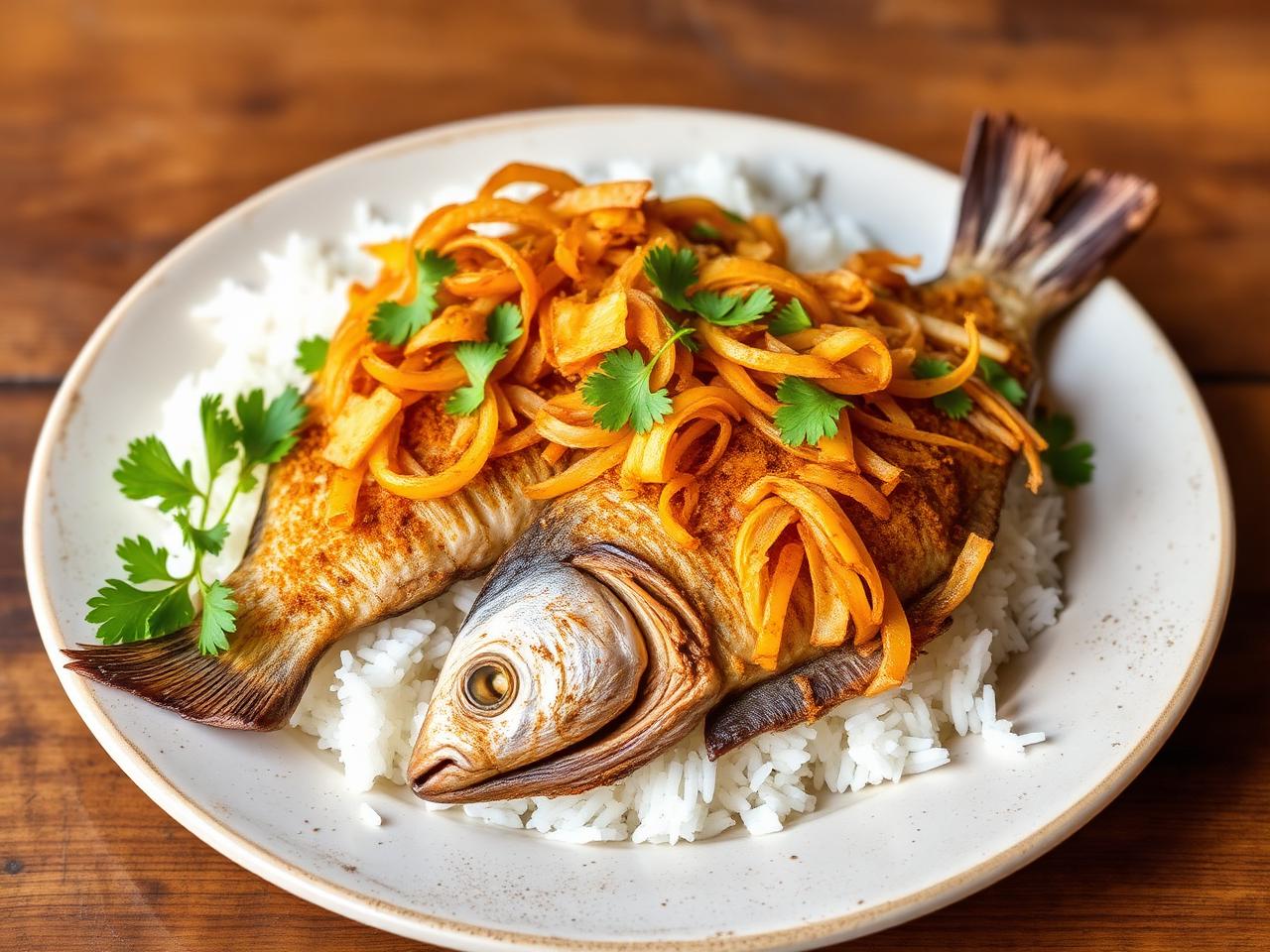 Burmese spiced fried fish topped with golden onions on rice