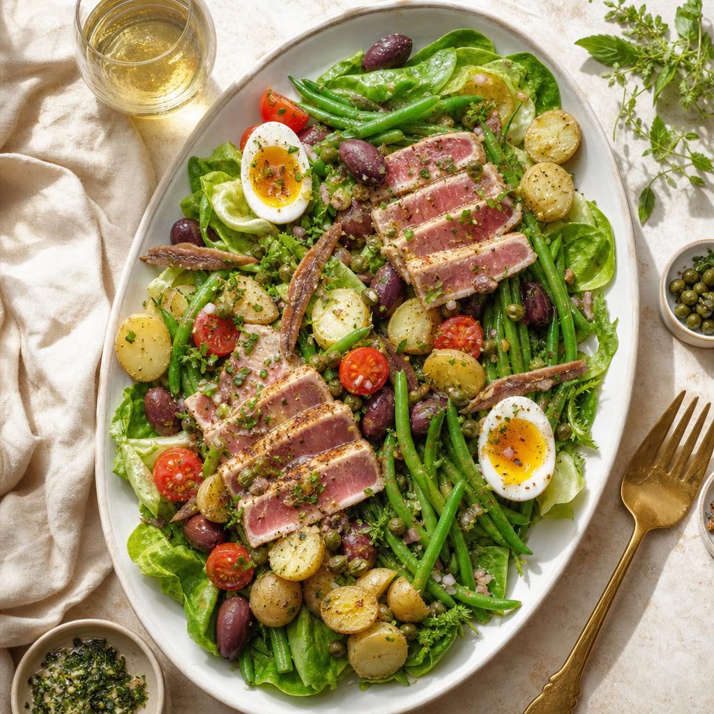 Classic Niçoise salad with seared tuna, jammy eggs, green beans, potatoes, olives and anchovies