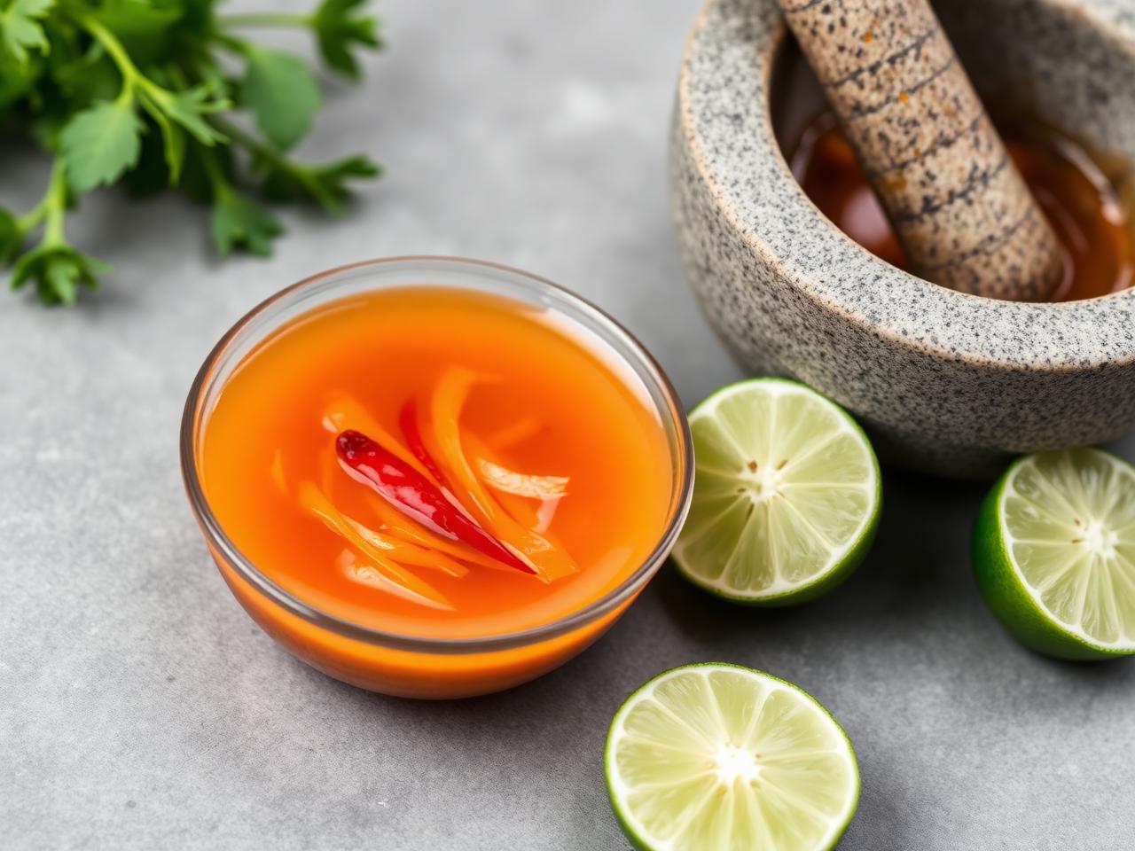 Bowl of Vietnamese nuoc cham dipping sauce with mortar and pestle