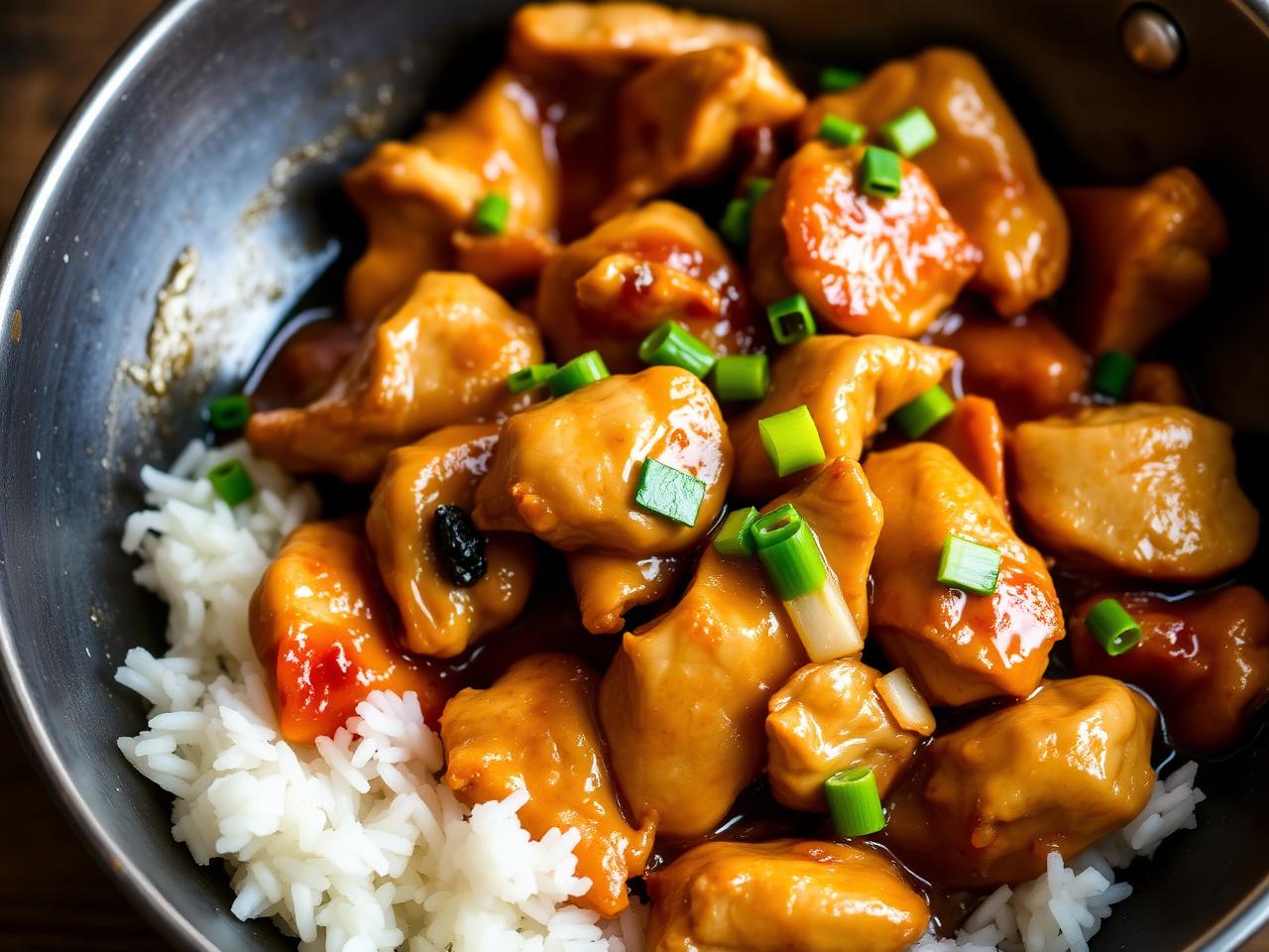 Thai chicken stir fry with ginger and honey over rice