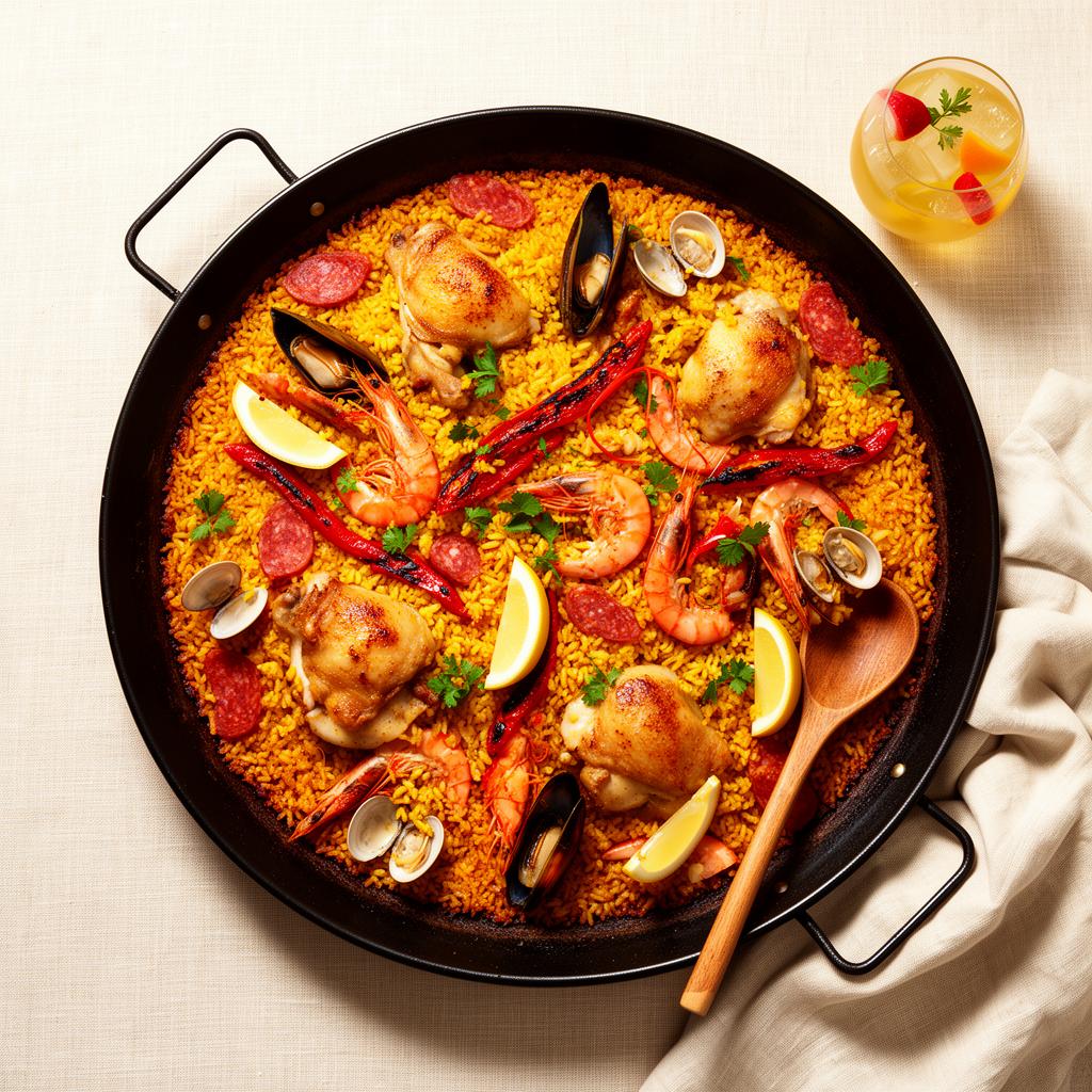 Classic Spanish paella in a wide black pan with chicken, chorizo, prawns, mussels and clams on saffron rice
