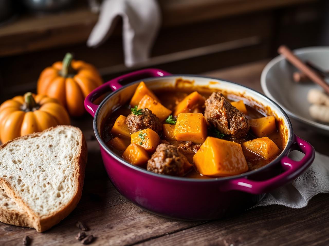 Pumpkin and lamb bredie in an enamel dish with bread alongside