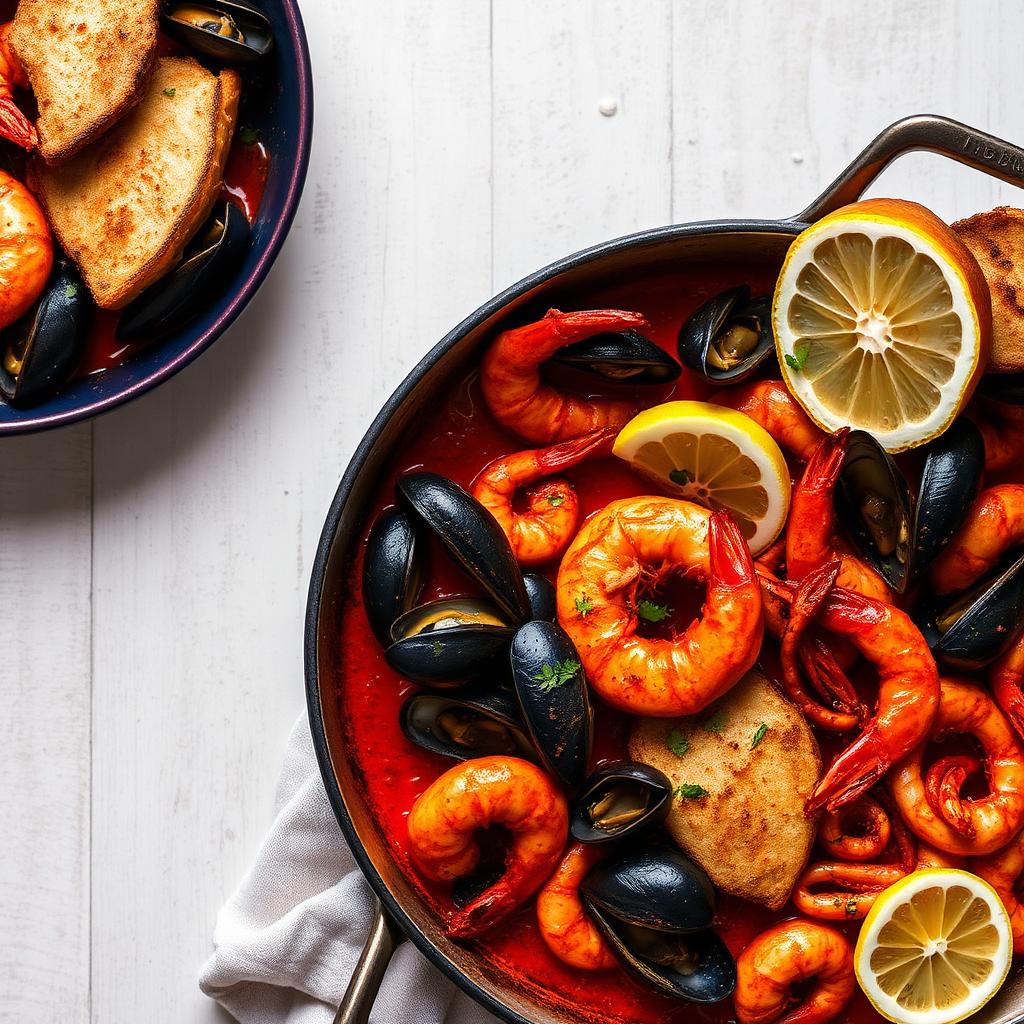 Peri-peri oven-roasted seafood skillet