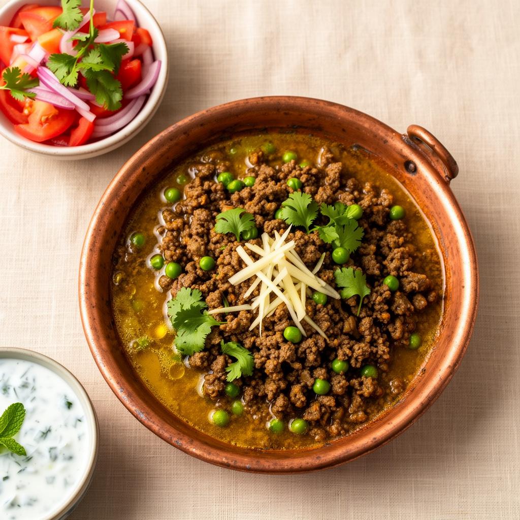 Qeema with peas, tomato salad & mint yoghurt