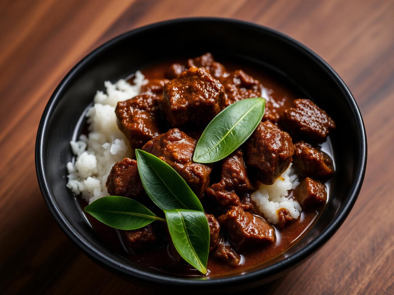 Dark rich Indonesian beef rendang with rice