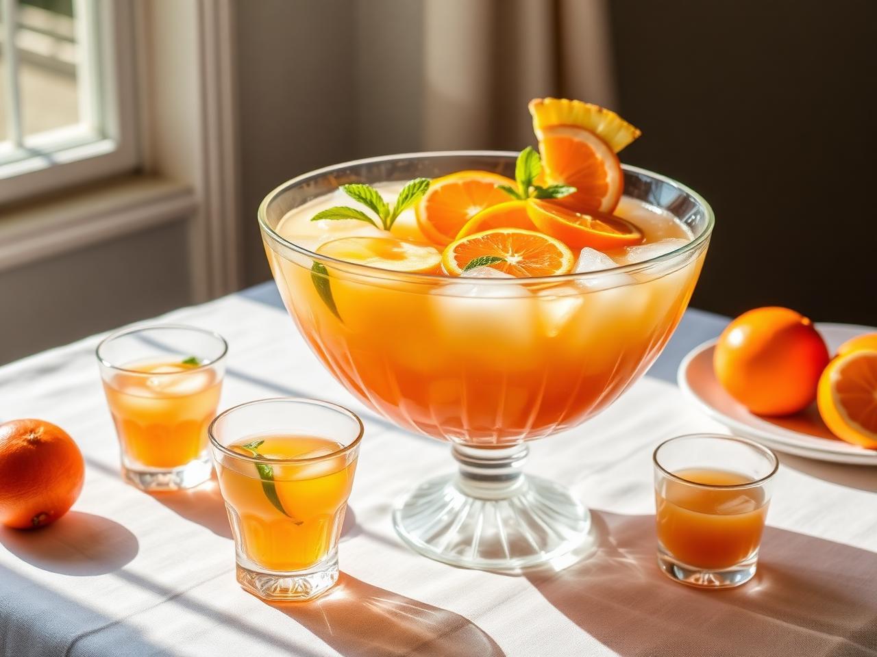 Large glass punch bowl of rum punch with citrus and mint