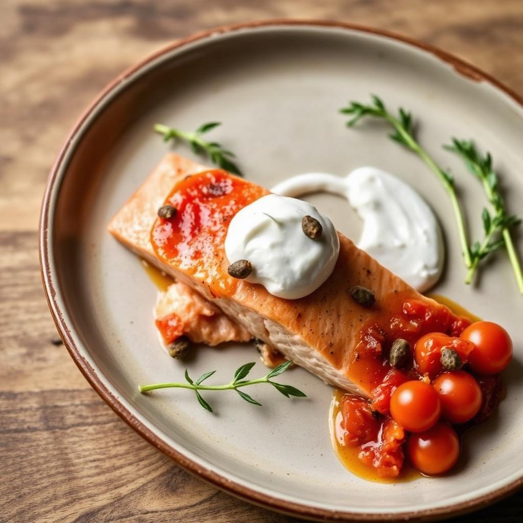 Salmon with confit tomato, crispy capers & crème fraîche