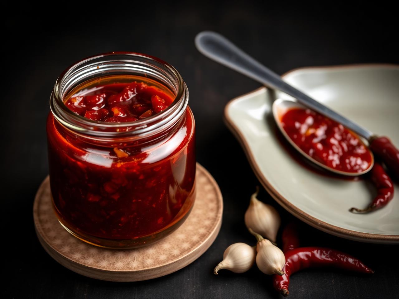 Jar of dark red Indonesian sambal bajak chilli relish