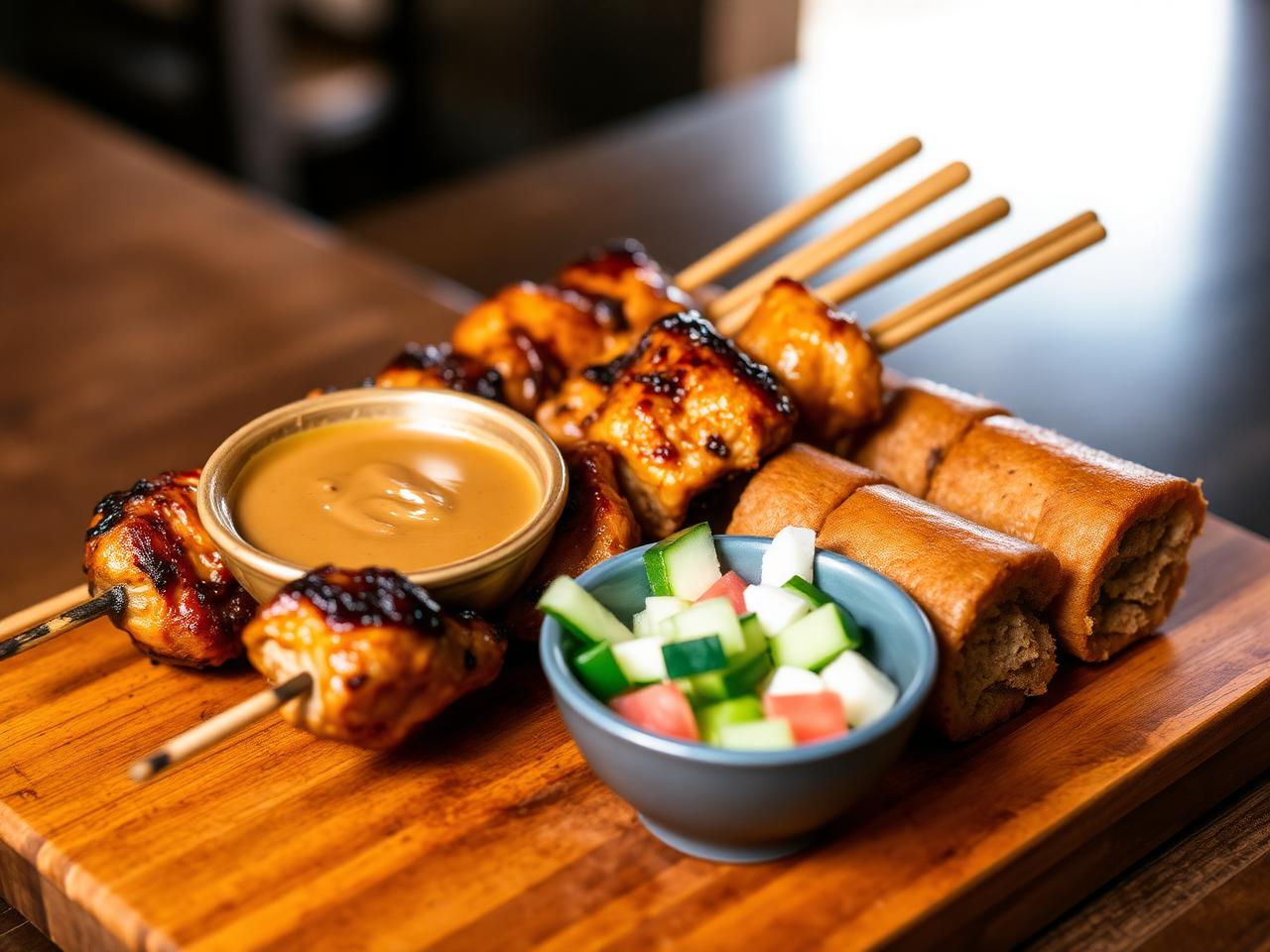 Chicken satay skewers with peanut sauce and cucumber salad