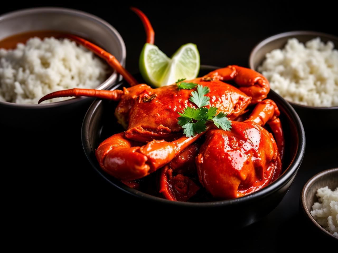 Singapore chilli crab in glossy red sauce with lime and steamed rice