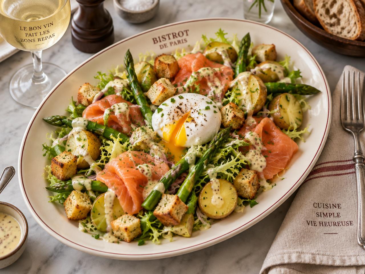 Smoked salmon Lyonnaise salad
