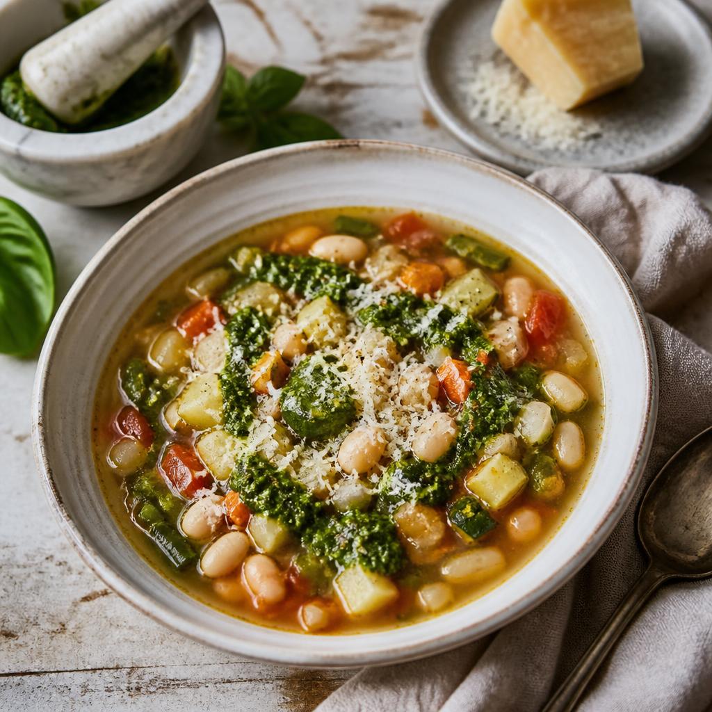 Chunky vegetable and white bean soup with basil pistou swirled through and parmesan