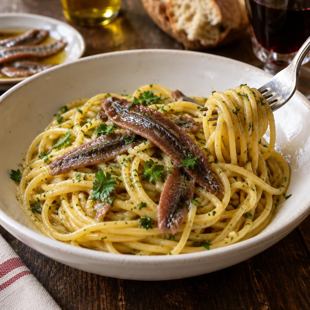 A bowl of spaghetti glossed in anchovy butter, crowned with anchovy fillets and parsley, a fork twirling the pasta