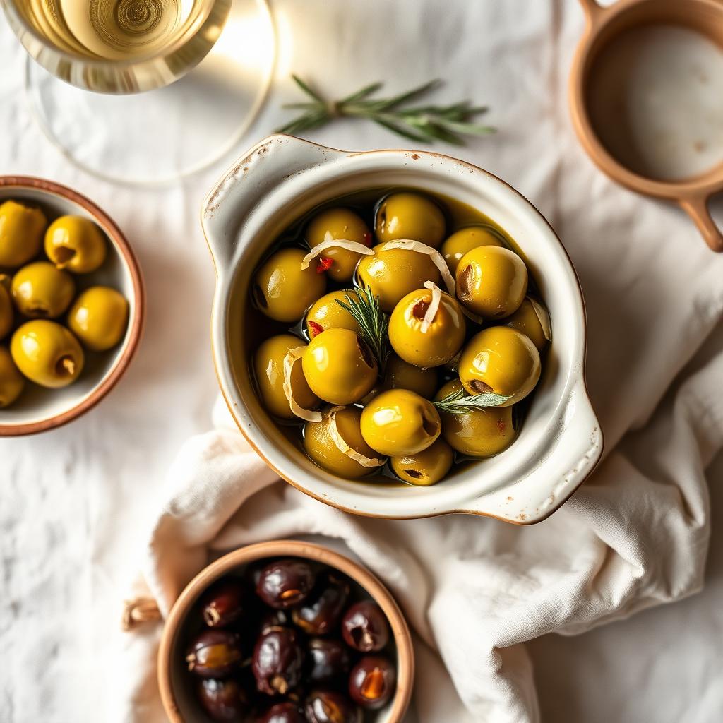 Warm spiced Queen olives in a ceramic bowl with rosemary, garlic and lemon peel