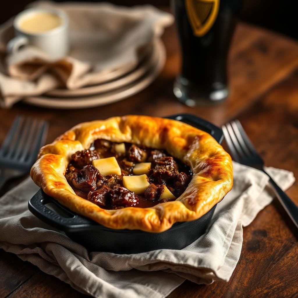 Golden puff pastry pie cracked open over a dark Guinness beef and cheddar filling