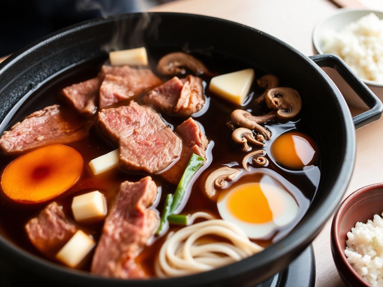 Sukiyaki hot pot with beef, tofu and mushrooms