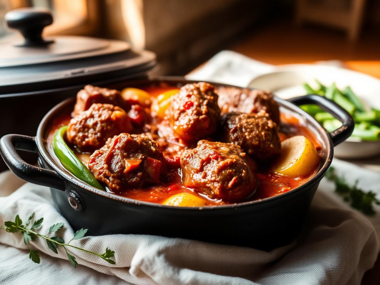 Lamb tomato bredie in a black cast iron pot with potatoes and green pepper