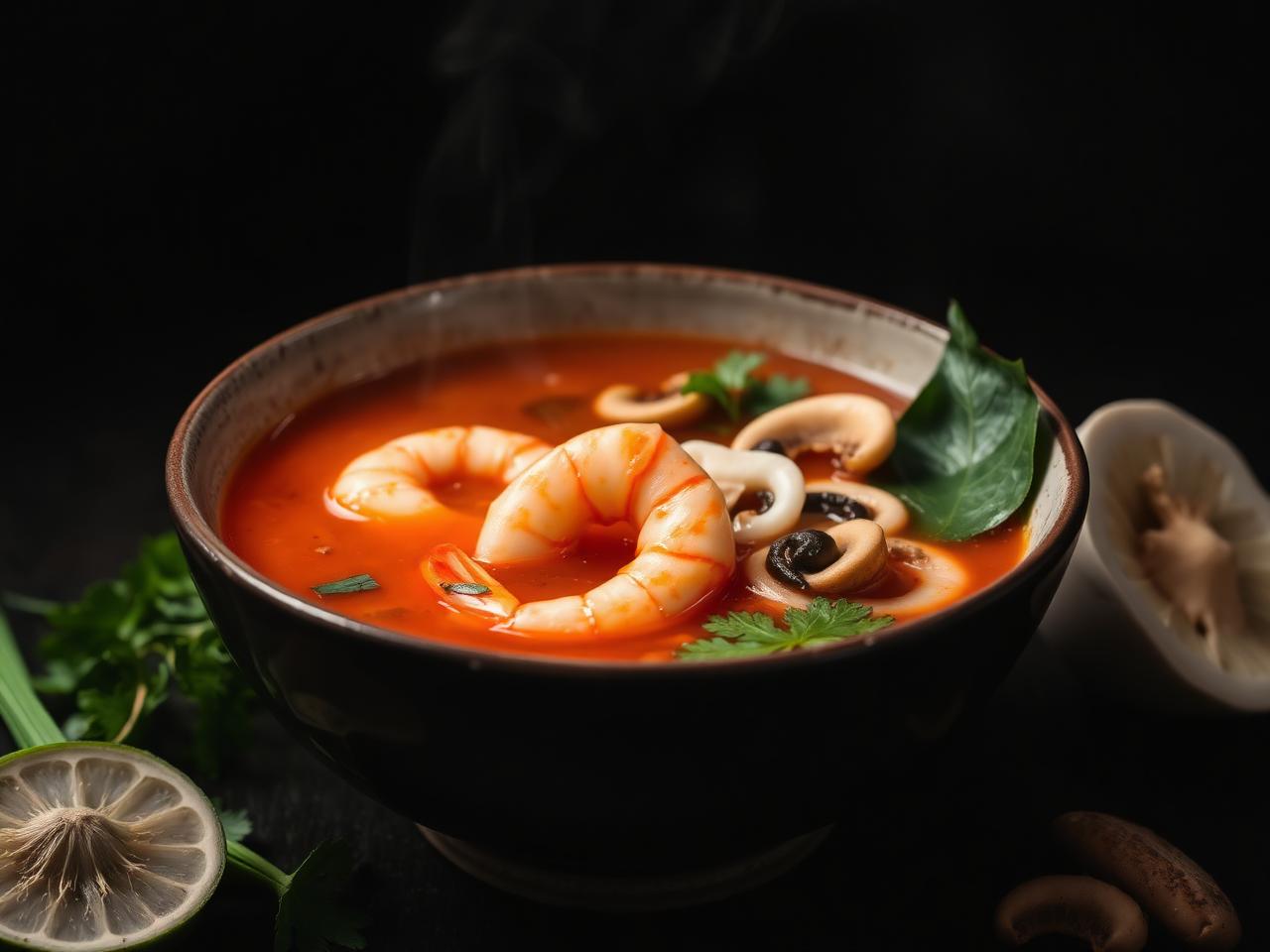 Bowl of tom yum soup with prawns and squid