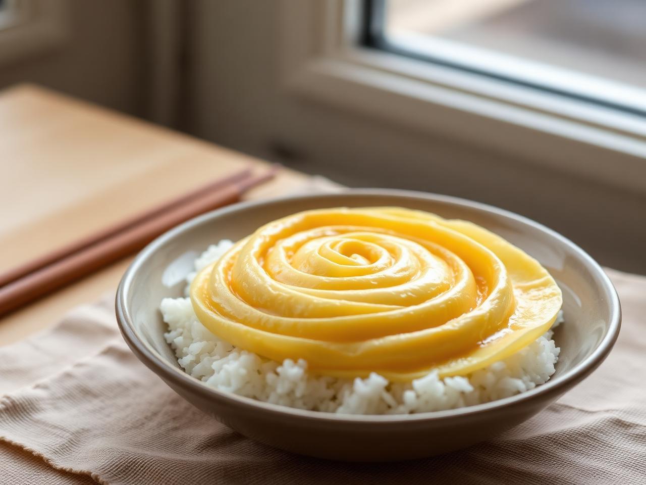 A golden spiral tornado omelette resting on steamed white rice in a ceramic bowl