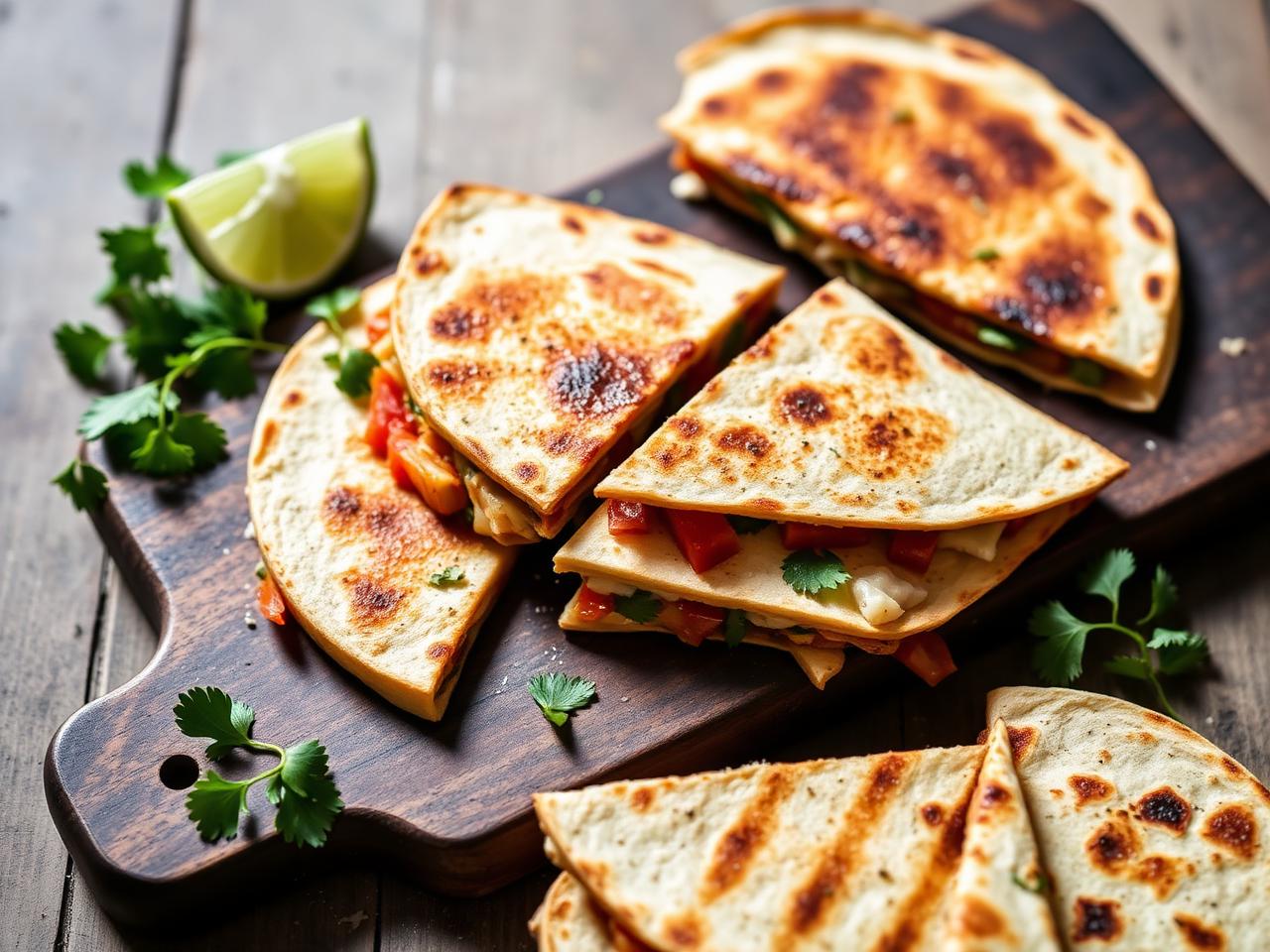 Tuna and pepper quesadillas cut into wedges on a board with lime