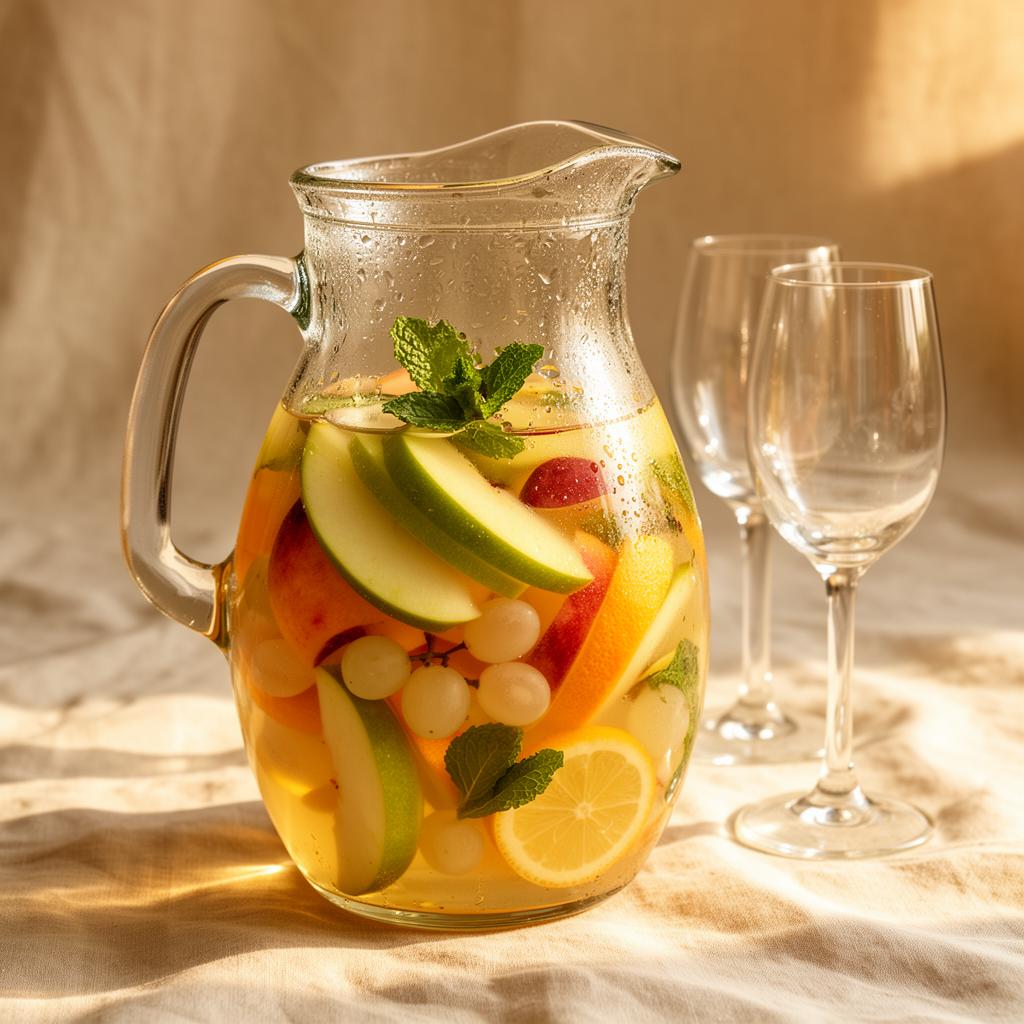 A chilled glass pitcher of white sangria with apple, peach, orange, lemon, grapes and mint