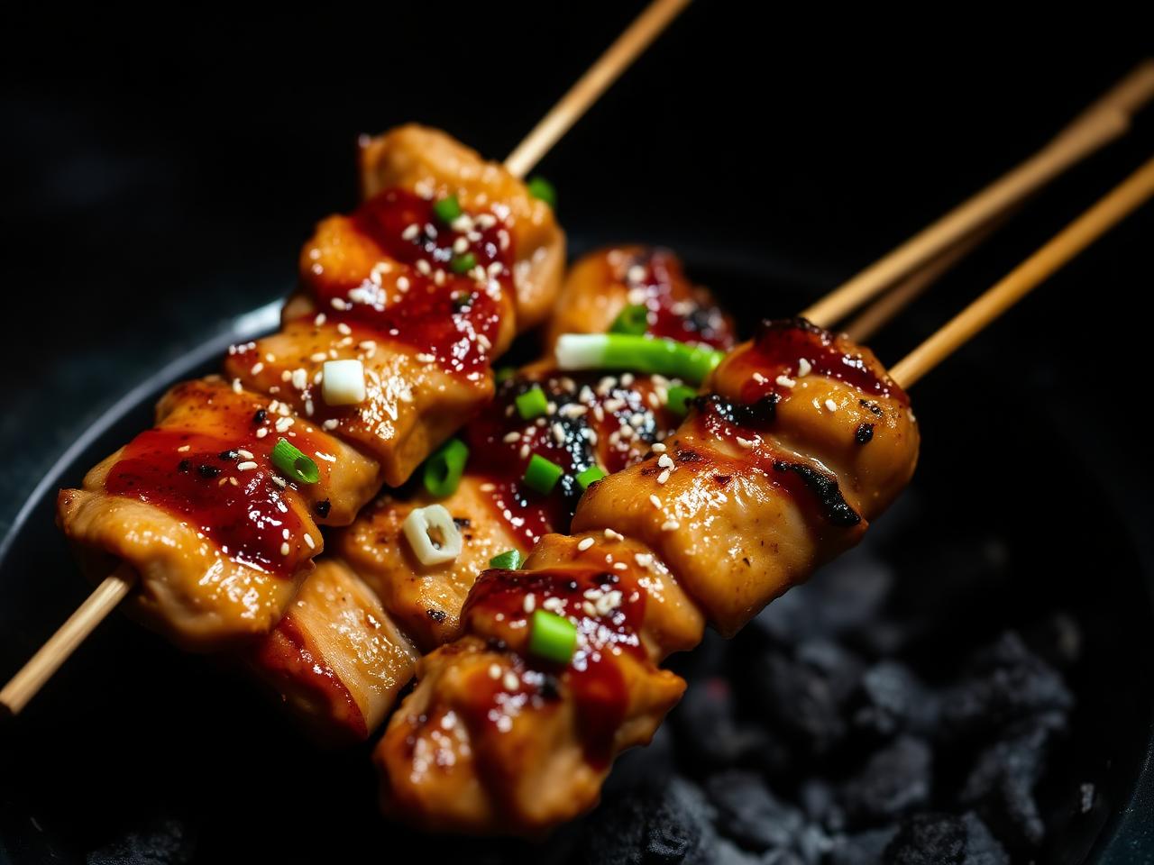 Charcoal grilled yakitori chicken skewers glazed with tare