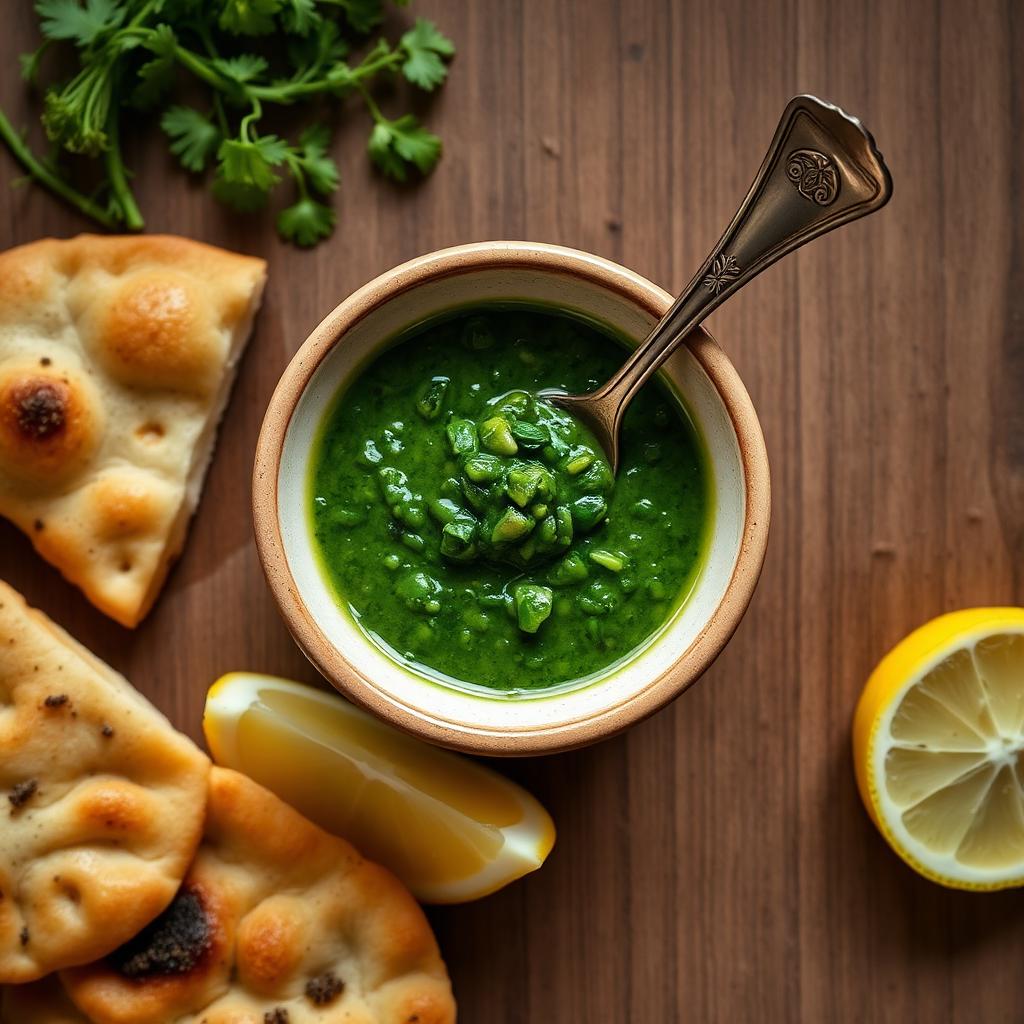 Small ceramic bowl of vibrant emerald green zhoug — Yemeni coriander, parsley, green chilli and garlic sauce — with a spoon, warm pita and lemon wedges
