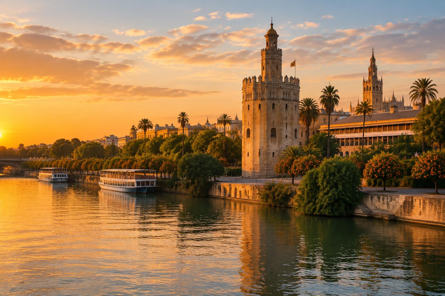 The Torre del Oro beside the Guadalquivir River in Seville at sunset