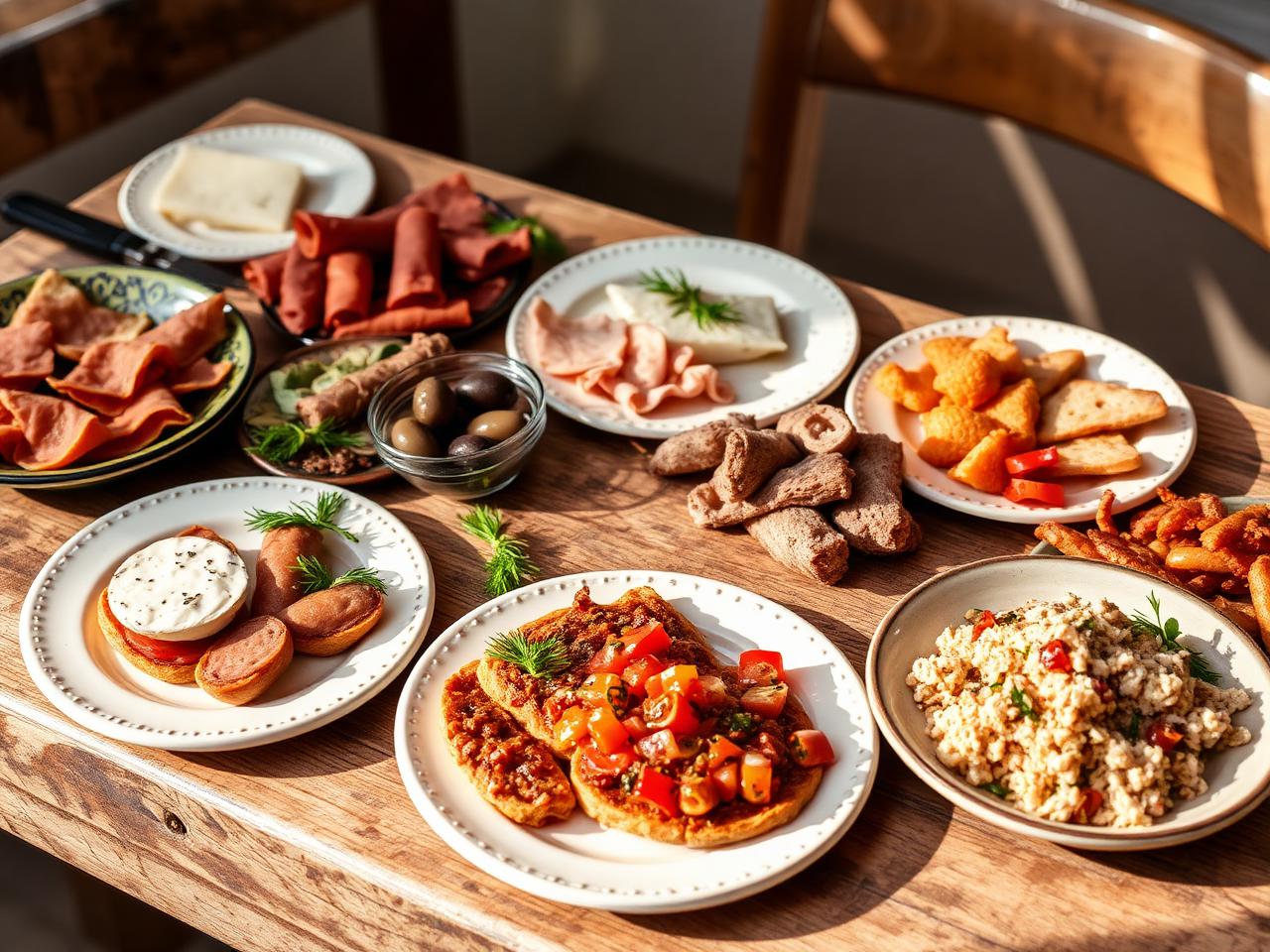 Spanish cold meats, cheeses, anchovies, peppers and salads laid out as bread toppings